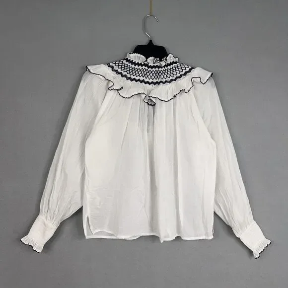 Cleobella Blouse Womens XS White Wendy Top Ruffle Smocked Boho Organic Cotton - Picture 7 of 14